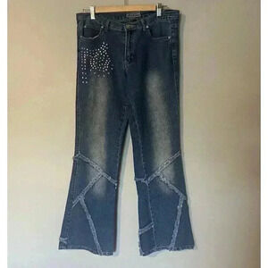 O’lico Women's Denim Flare Embellished Jeans Size 11/31 Hippie Y2k‎ Distressed
